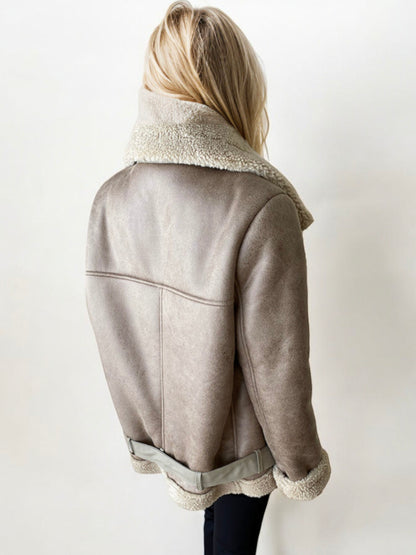 Shearling Lined Moto Jacket with Oversized Lapel and Belted Hem