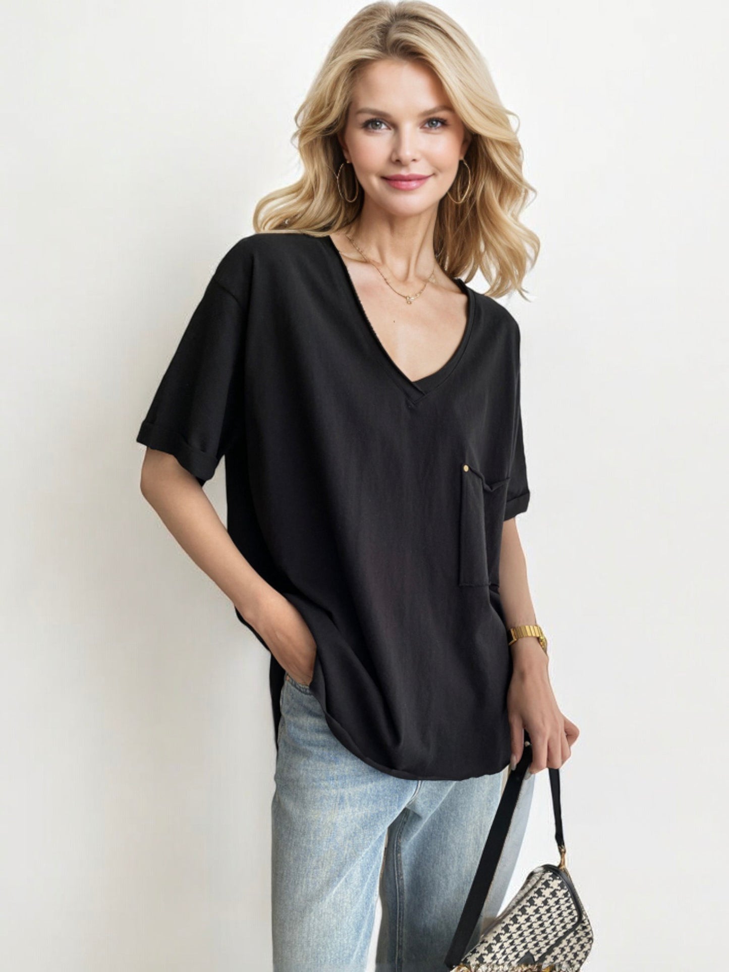 V-Neck Relaxed Fit Short Sleeve Top with Front Pocket