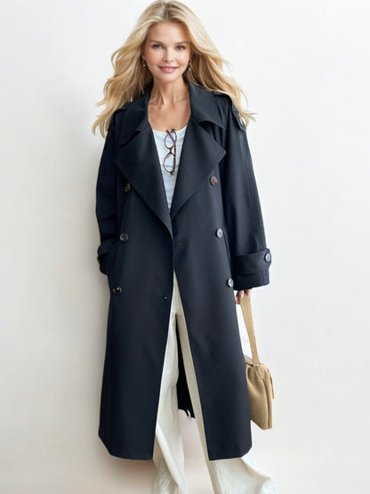 Double-Breasted Trench Coat with Belted Waist and Button Details