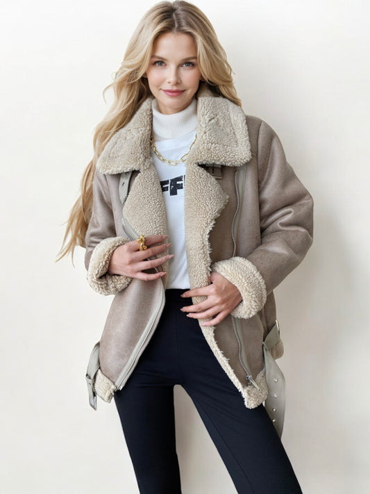 Shearling Lined Moto Jacket with Oversized Lapel and Belted Hem