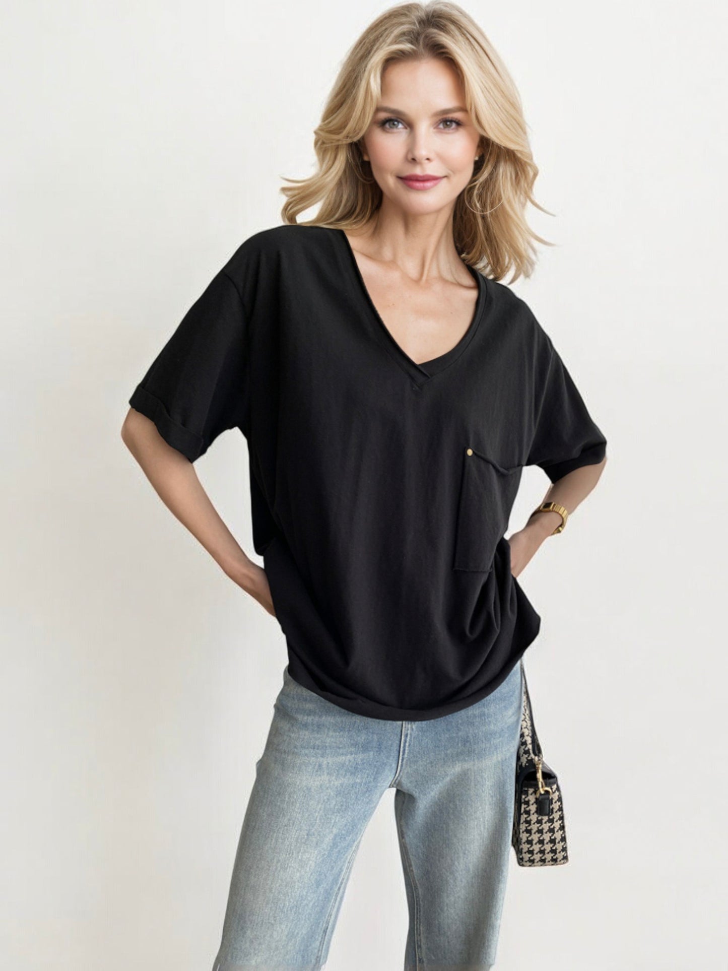 V-Neck Relaxed Fit Short Sleeve Top with Front Pocket