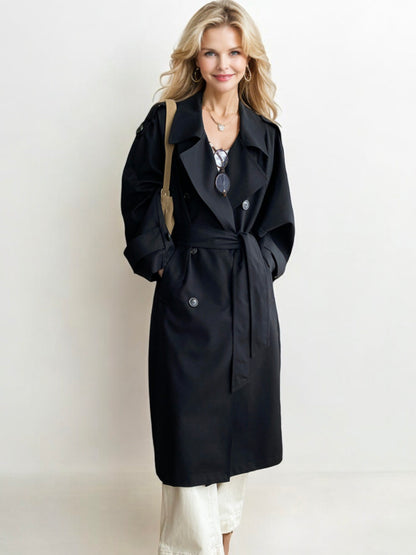 Double-Breasted Trench Coat with Belted Waist and Button Details