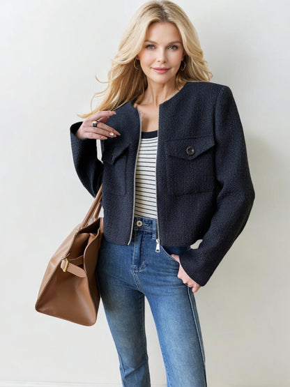 Textured Zip-Up Jacket with Long Sleeves and Front Flap Pockets