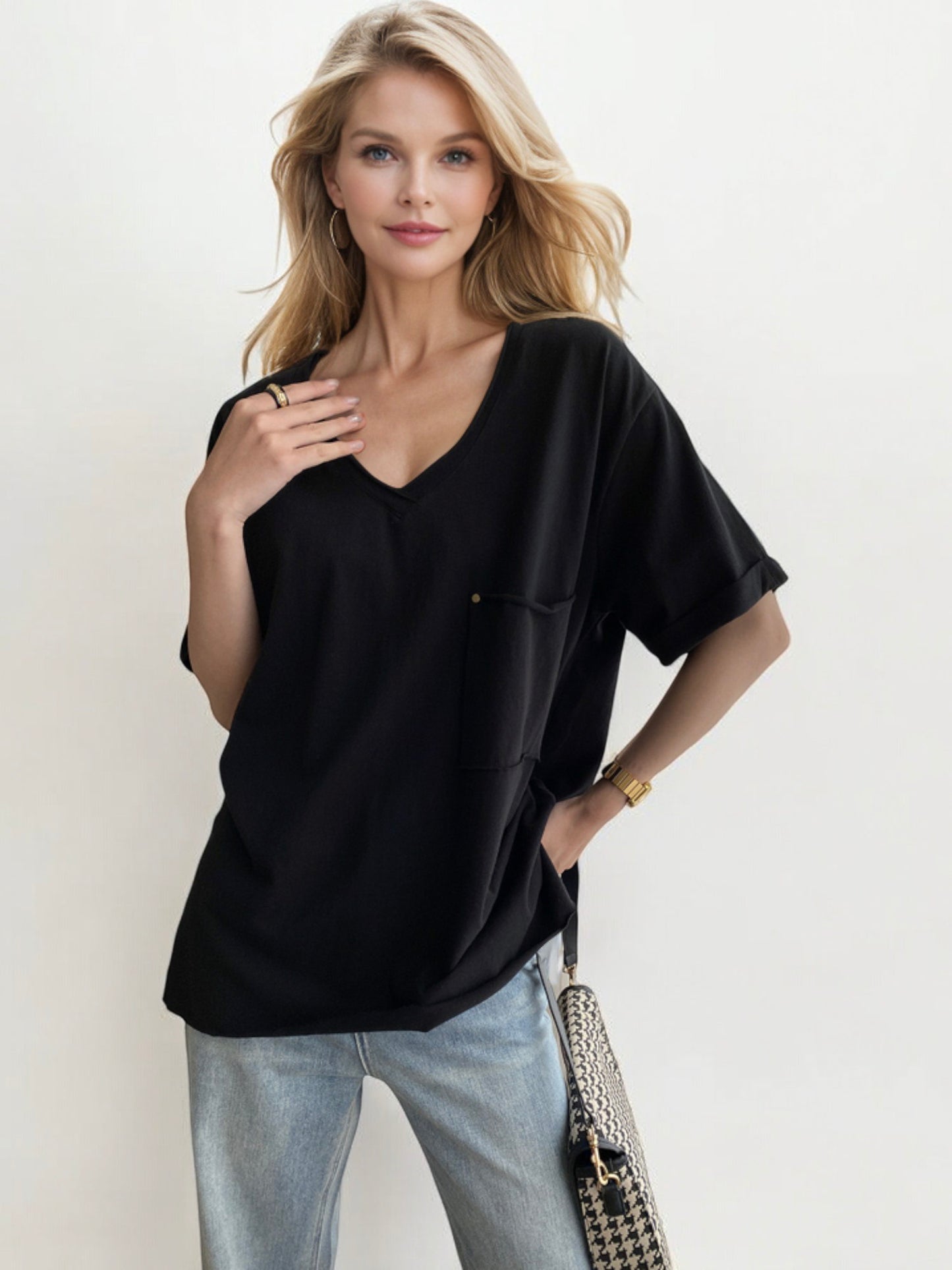 V-Neck Relaxed Fit Short Sleeve Top with Front Pocket