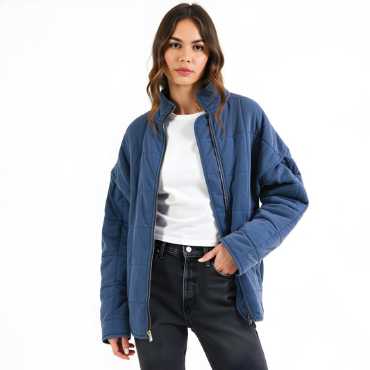 Quilted Zip-Up Jacket with Stand Collar and Square Stitch Detailing