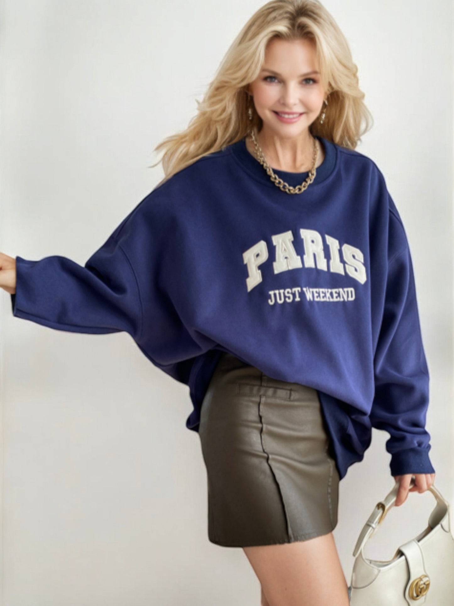 Oversized "Paris Just Weekend" Graphic Sweatshirt with Ribbed Cuffs