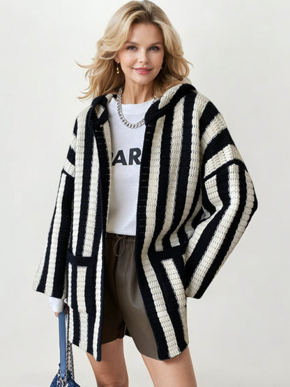 Striped Hooded Knit Cardigan with Open Front and Patch Pockets