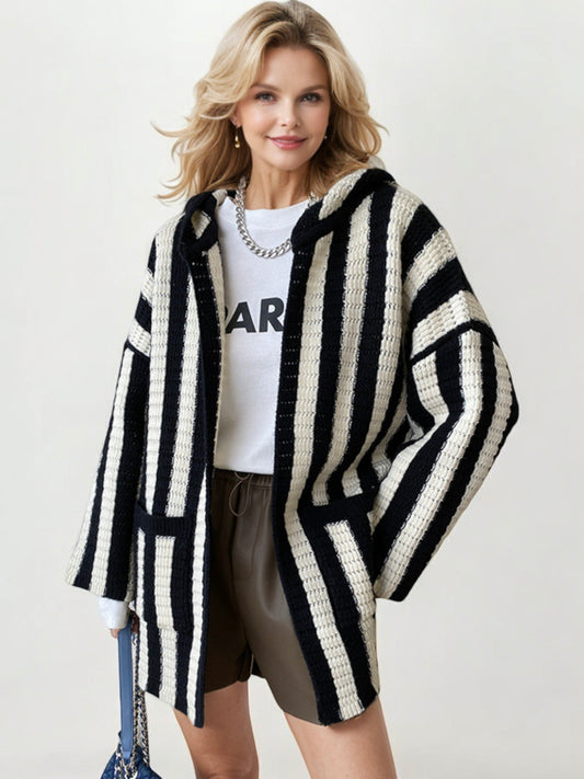 Striped Hooded Knit Cardigan with Open Front and Patch Pockets