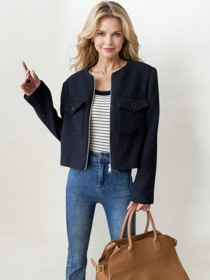 Textured Zip-Up Jacket with Long Sleeves and Front Flap Pockets