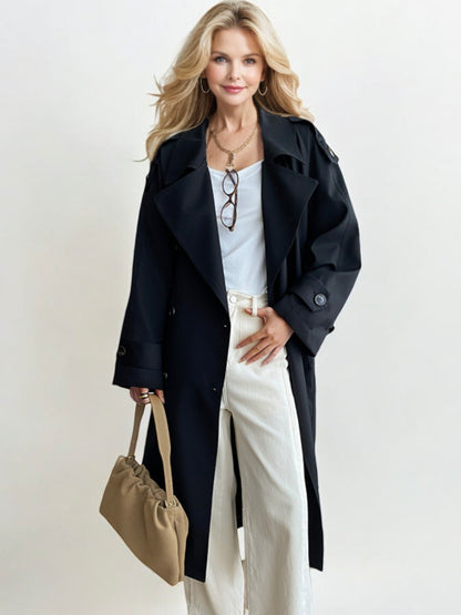 Double-Breasted Trench Coat with Belted Waist and Button Details