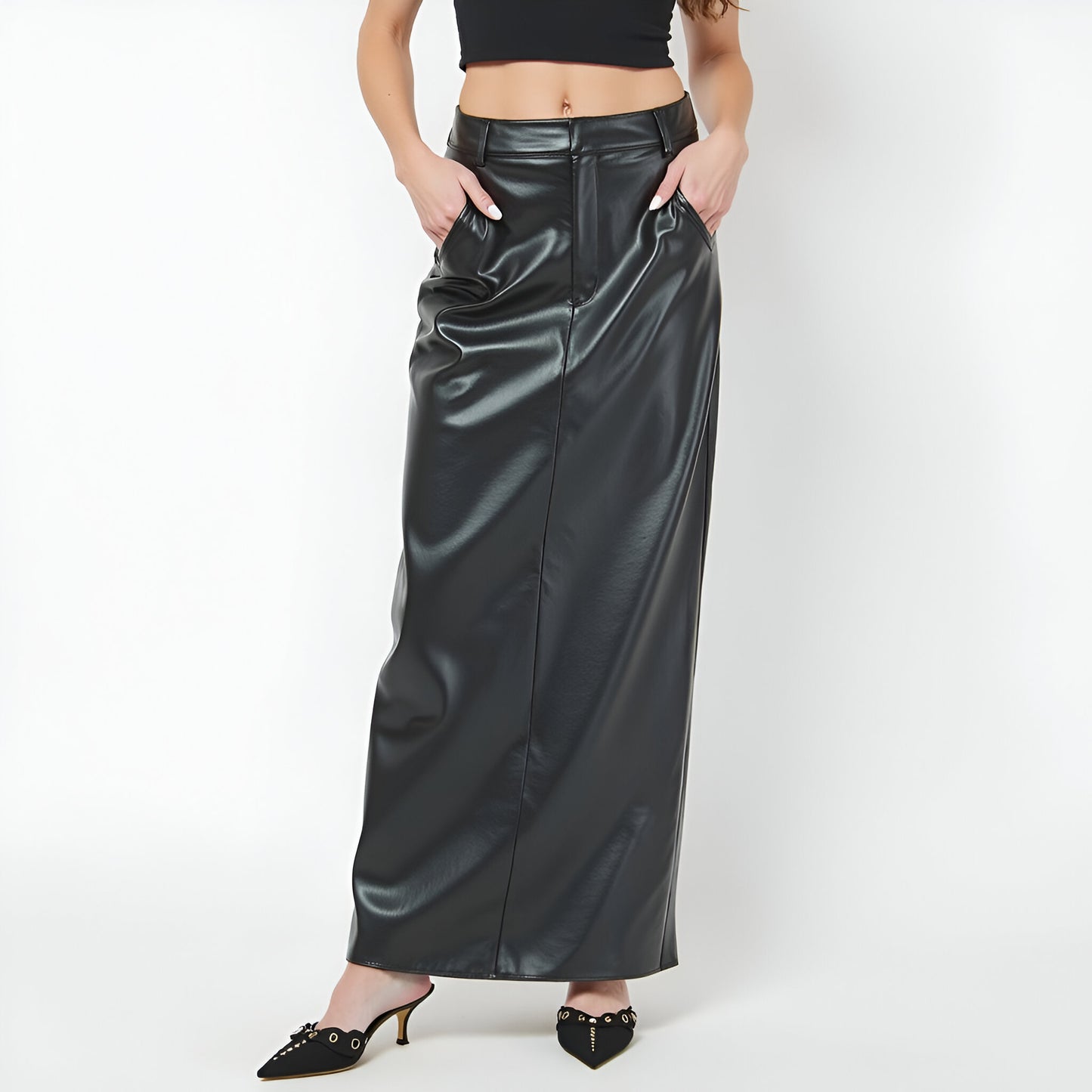 Faux Leather Maxi Skirt with Back Slit, Patch Pockets and High Waistband