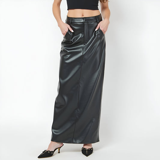 Faux Leather Maxi Skirt with Back Slit, Patch Pockets and High Waistband