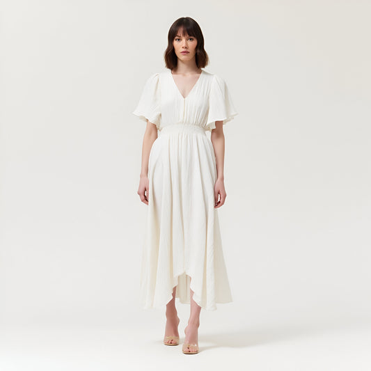 V-Neck Midi Dress with Flutter Sleeves and Handkerchief Hem Detail