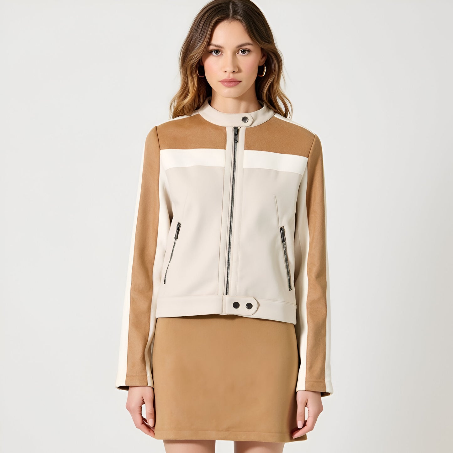 Colorblock Zip Front Jacket with Stand Collar and Zippered Pockets