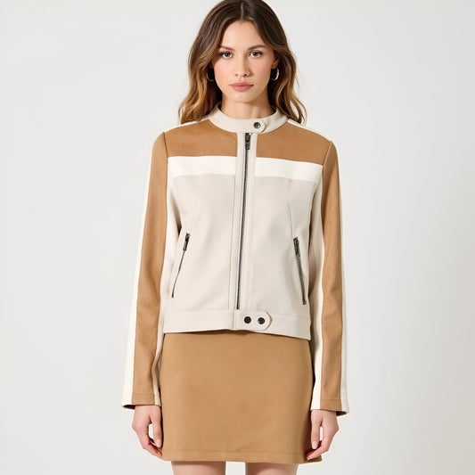 Colorblock Zip Front Jacket with Stand Collar and Zippered Pockets