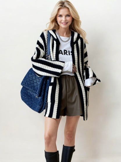 Striped Hooded Knit Cardigan with Open Front and Patch Pockets