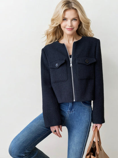 Textured Zip-Up Jacket with Long Sleeves and Front Flap Pockets