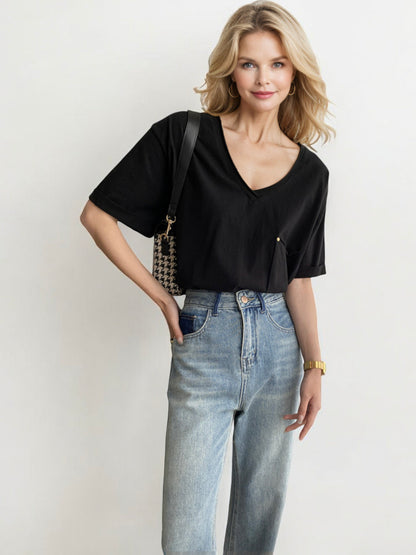 V-Neck Relaxed Fit Short Sleeve Top with Front Pocket