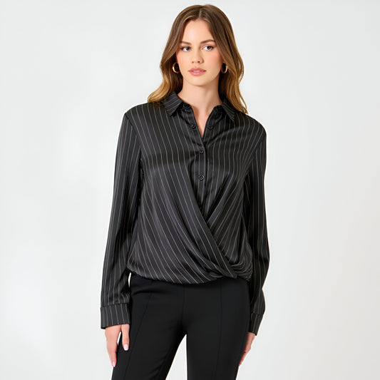 Pinstripe Satin Blouse with Wrap Front and Collared Neckline