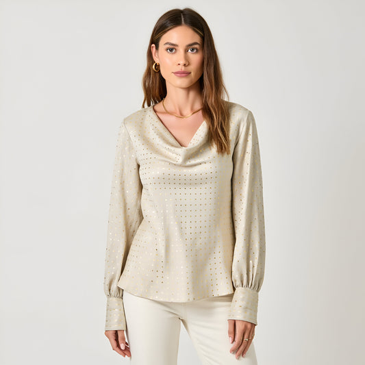 Metallic Dot Satin Blouse with Cowl Neck and Long Sleeves