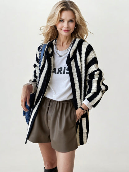 Striped Hooded Knit Cardigan with Open Front and Patch Pockets