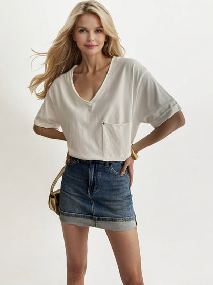 V-Neck Relaxed Fit Short Sleeve Top with Front Pocket