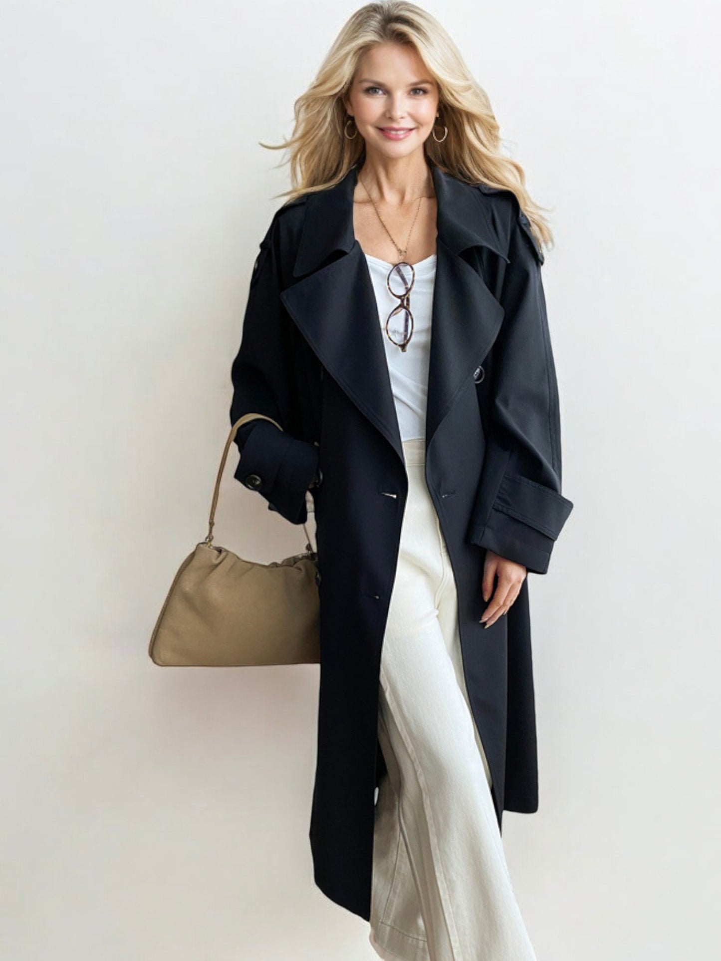 Double-Breasted Trench Coat with Belted Waist and Button Details