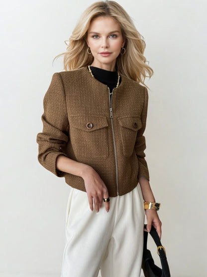 Textured Zip-Up Jacket with Long Sleeves and Front Flap Pockets