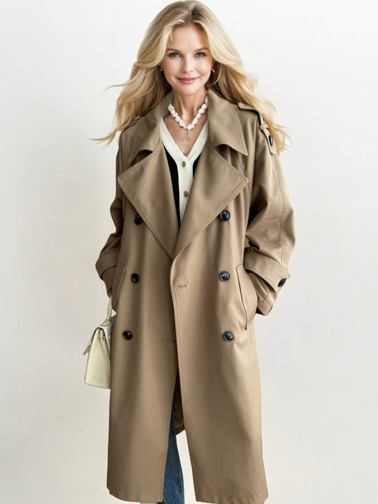 Double-Breasted Trench Coat with Belted Waist and Button Details