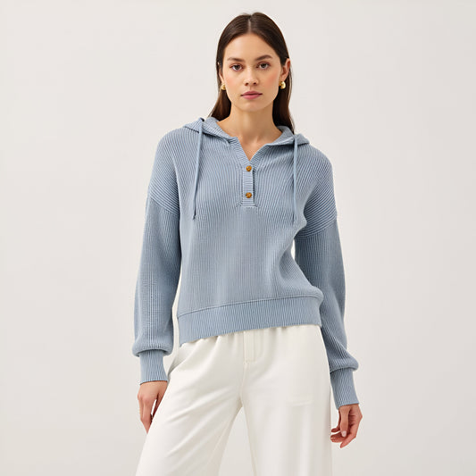 Button-Front Knit Hoodie with Ribbed Hem & Relaxed Drop Shoulders