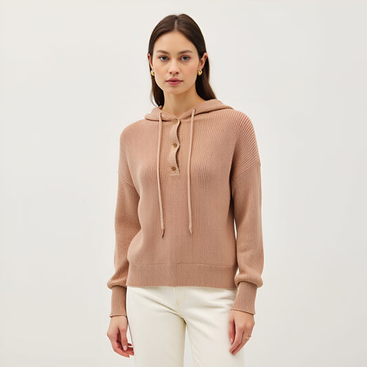 Button-Front Knit Hoodie with Ribbed Hem & Relaxed Drop Shoulders