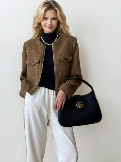 Textured Zip-Up Jacket with Long Sleeves and Front Flap Pockets