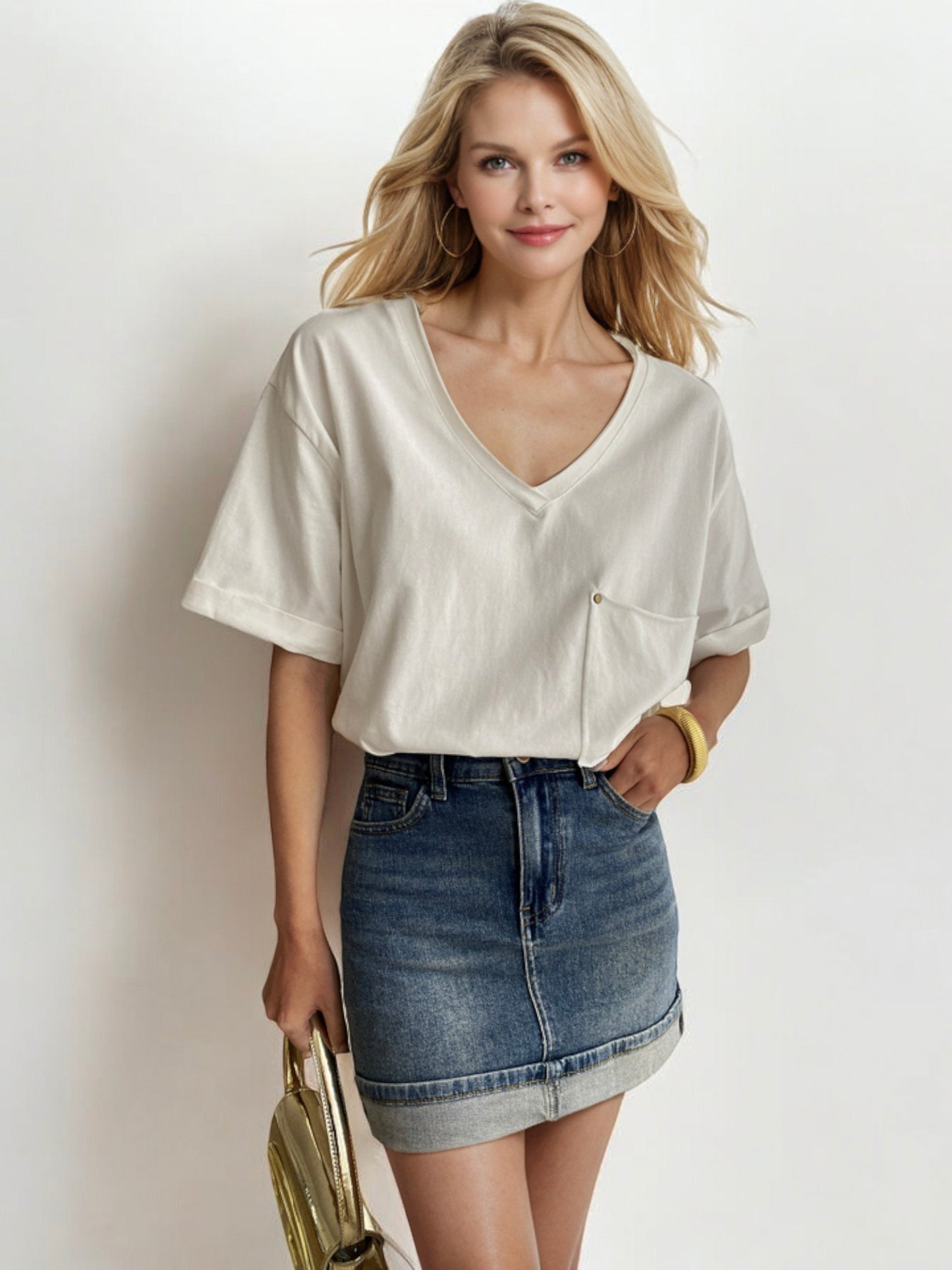 V-Neck Relaxed Fit Short Sleeve Top with Front Pocket