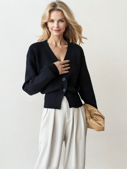 V-Neck Button-Up Knit Cardigan with Ribbed Detail