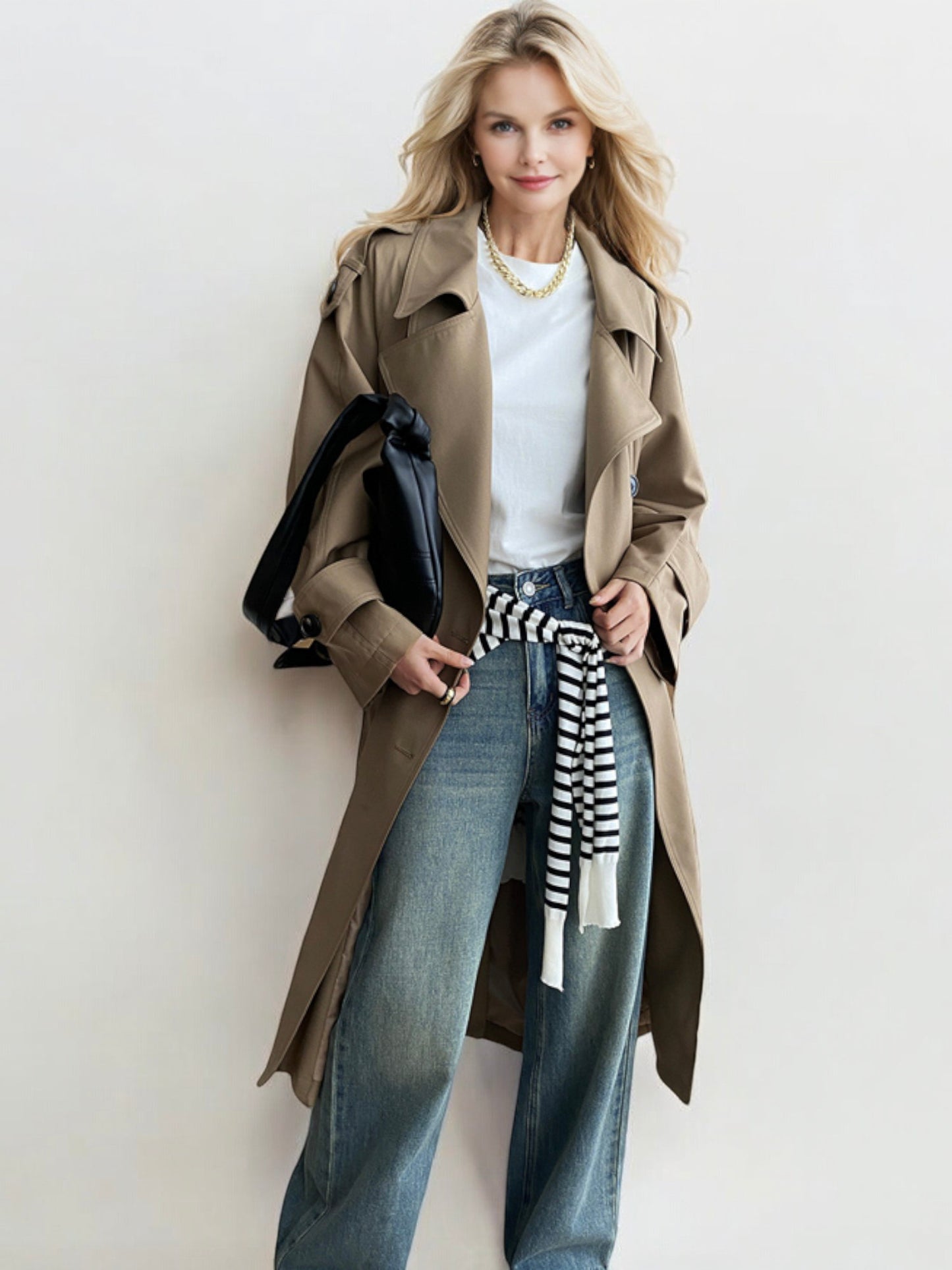 Double-Breasted Trench Coat with Belted Waist and Button Details