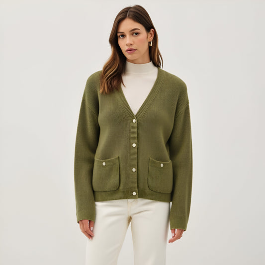 Ribbed Button-Down Cardigan with Front Pockets and Gold Buttons