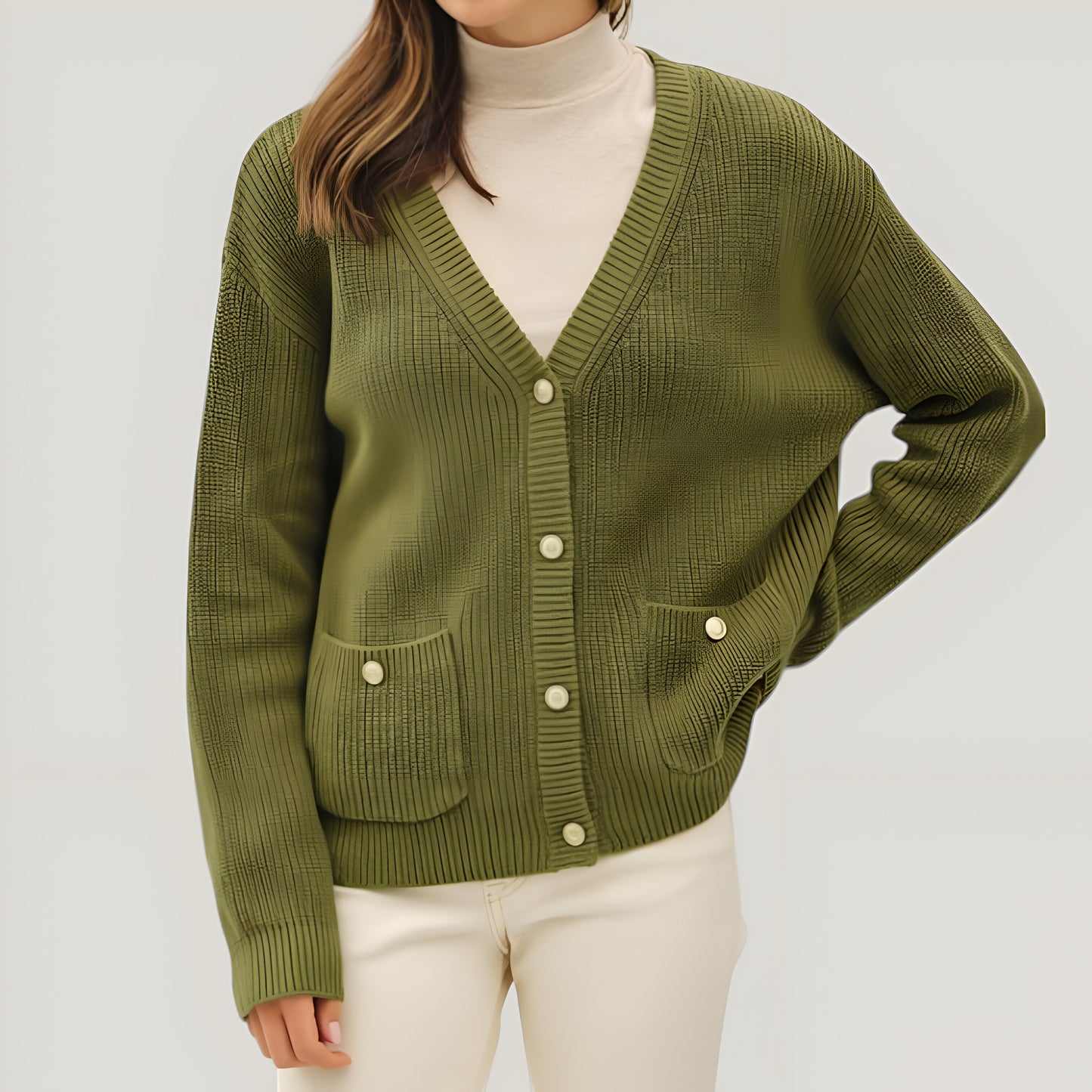 Ribbed Button-Down Cardigan with Front Pockets and Gold Buttons
