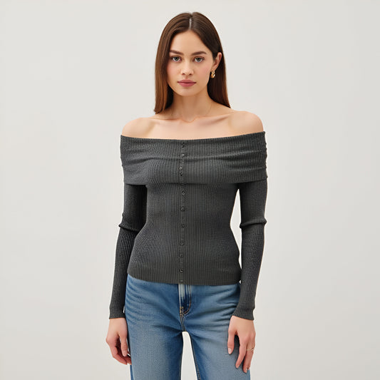 Ribbed Button-Up Long Sleeve Top with Roll Shoulder Detail