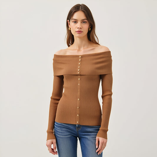 Ribbed Button-Up Long Sleeve Top with Roll Shoulder Detail