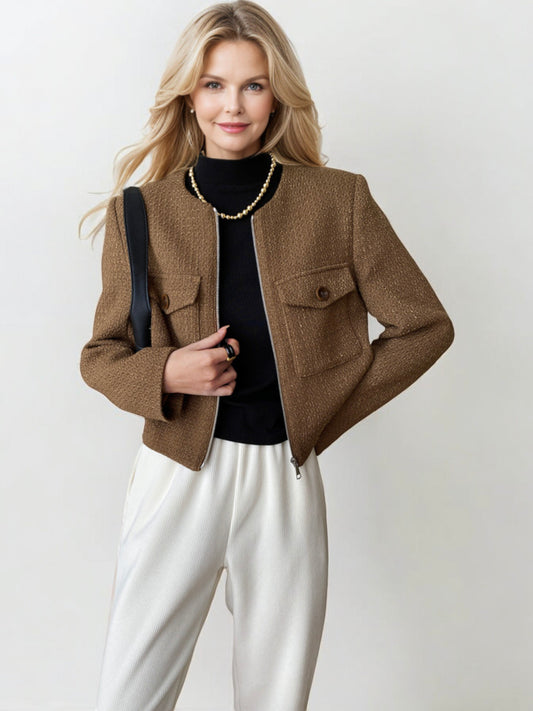 Textured Zip-Up Jacket with Long Sleeves and Front Flap Pockets