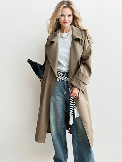 Double-Breasted Trench Coat with Belted Waist and Button Details