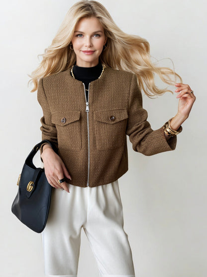 Textured Zip-Up Jacket with Long Sleeves and Front Flap Pockets