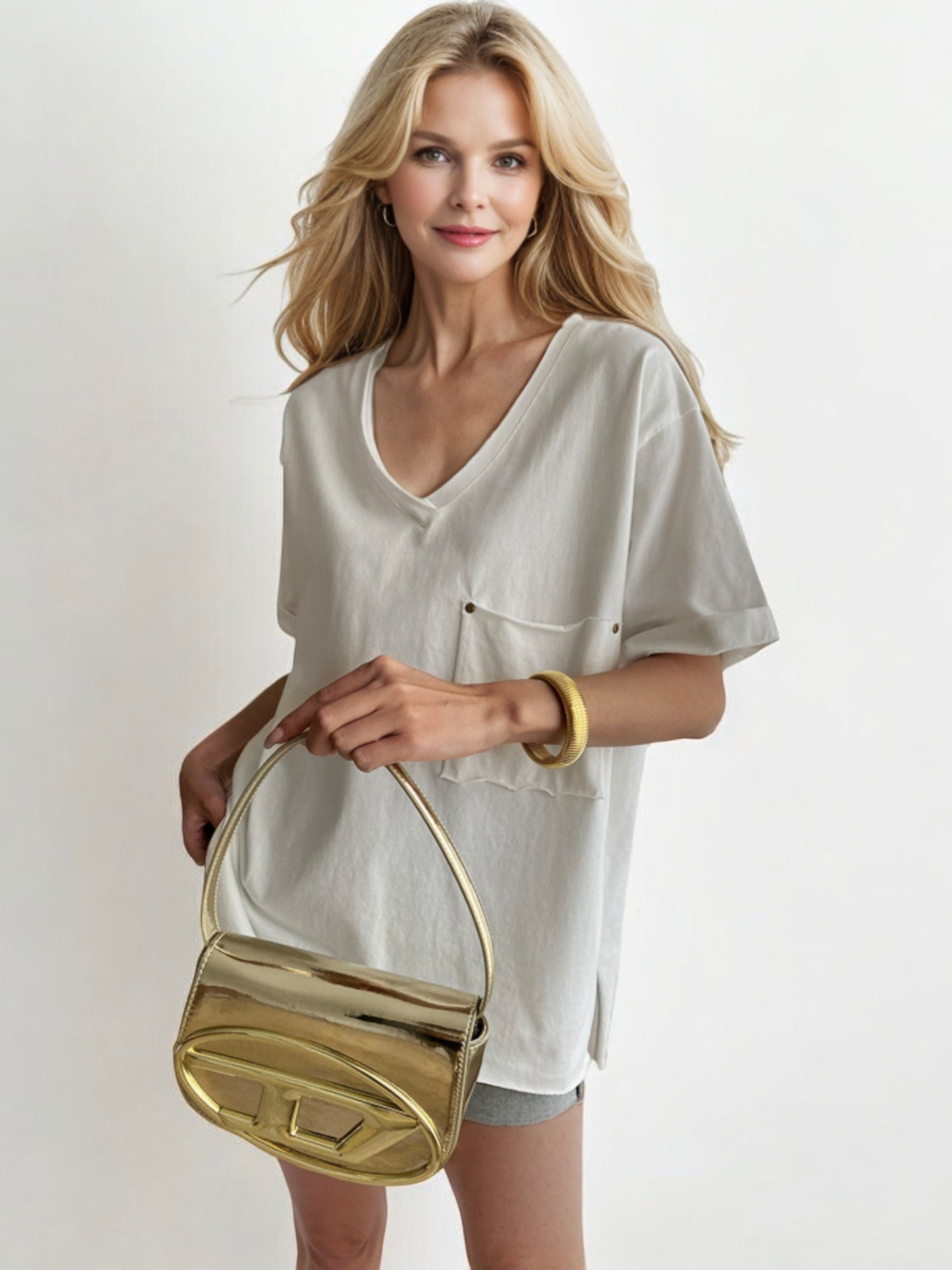 V-Neck Relaxed Fit Short Sleeve Top with Front Pocket