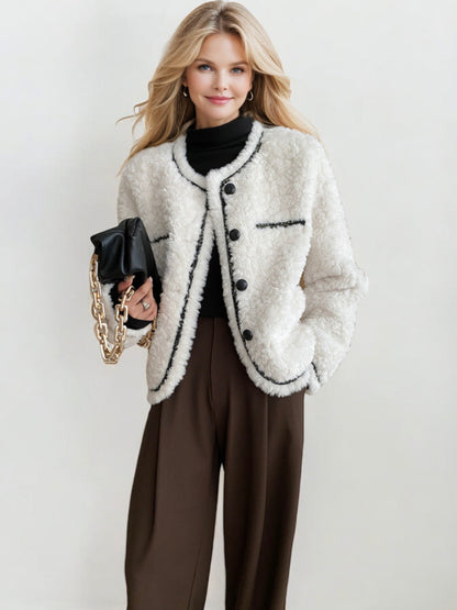 Button-Front Sherpa Jacket with Contrast Piping and Long Sleeves