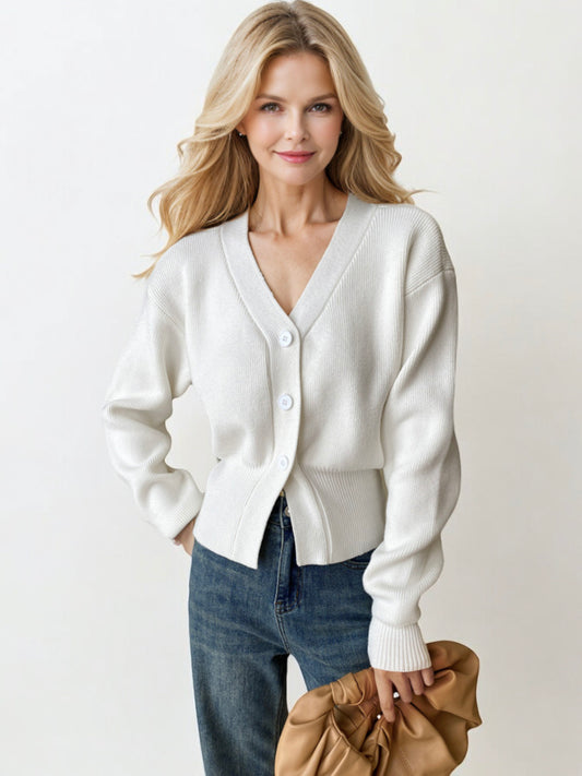 V-Neck Button-Up Knit Cardigan with Ribbed Detail