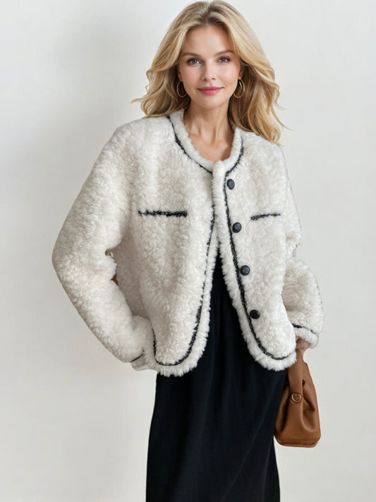 Button-Front Sherpa Jacket with Contrast Piping and Long Sleeves