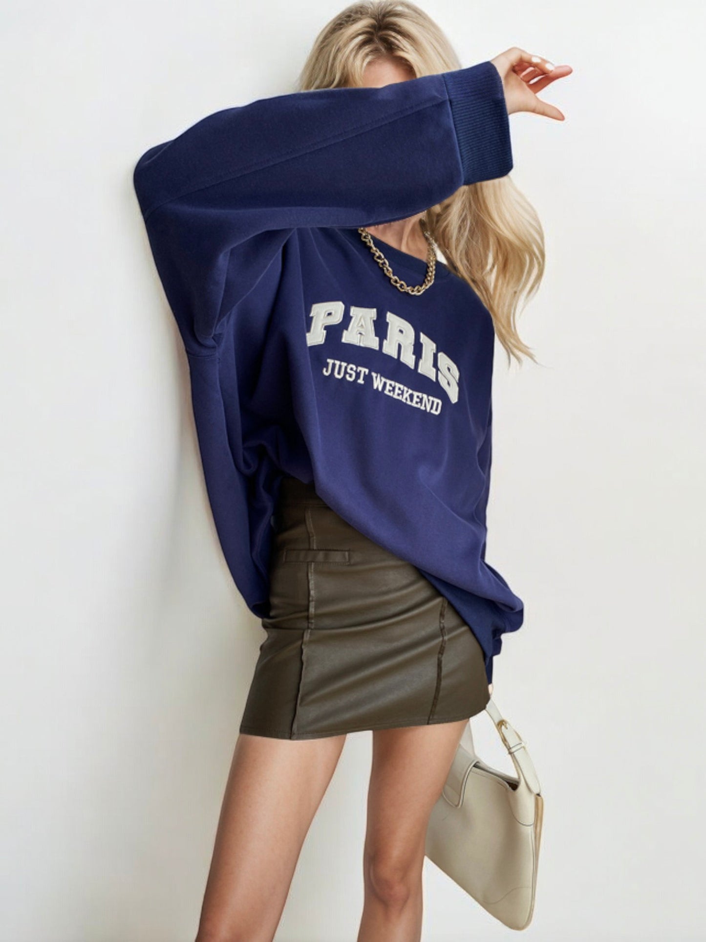 Oversized "Paris Just Weekend" Graphic Sweatshirt with Ribbed Cuffs