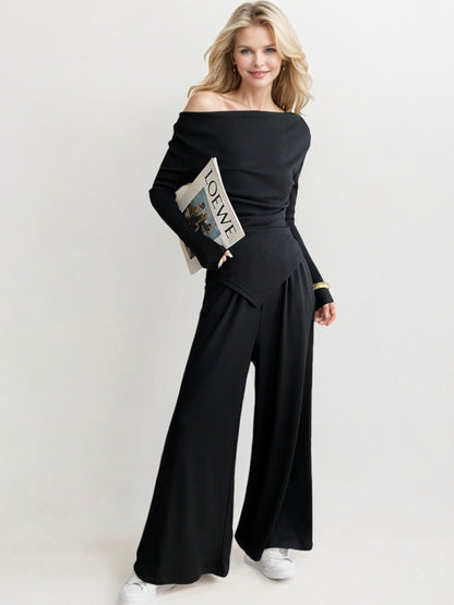 Off-Shoulder Long Sleeve Top with Wide-Leg Pants Two-Piece Set