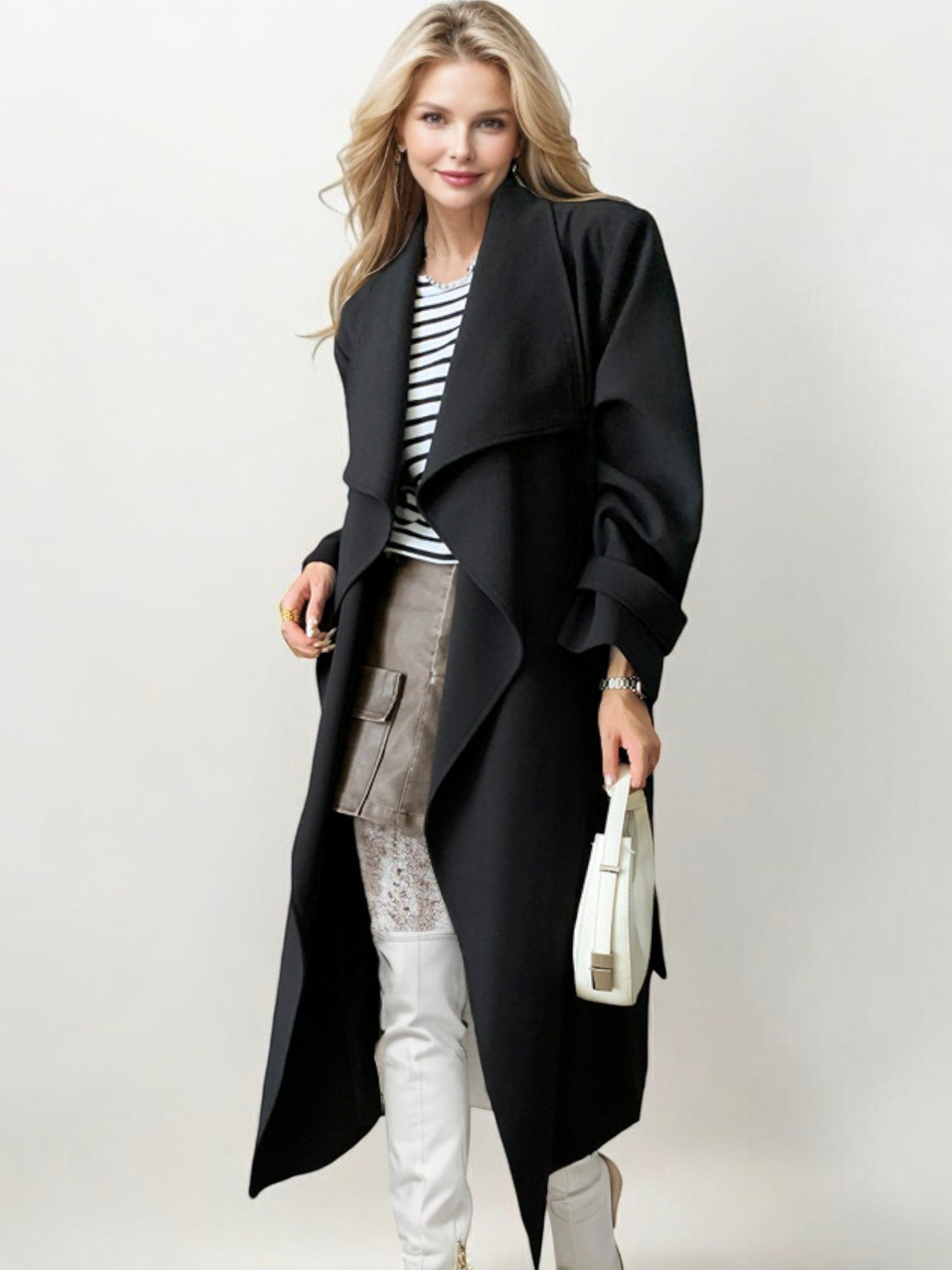 Long Waterfall Lapel Trench Coat with Button Cuffs and Open Front