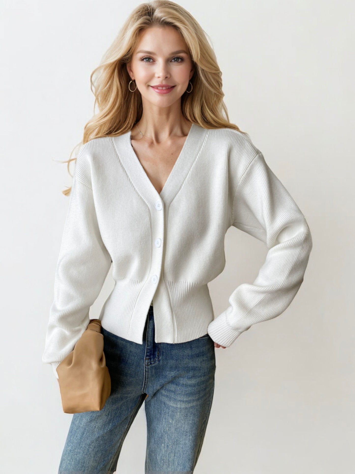 V-Neck Button-Up Knit Cardigan with Ribbed Detail